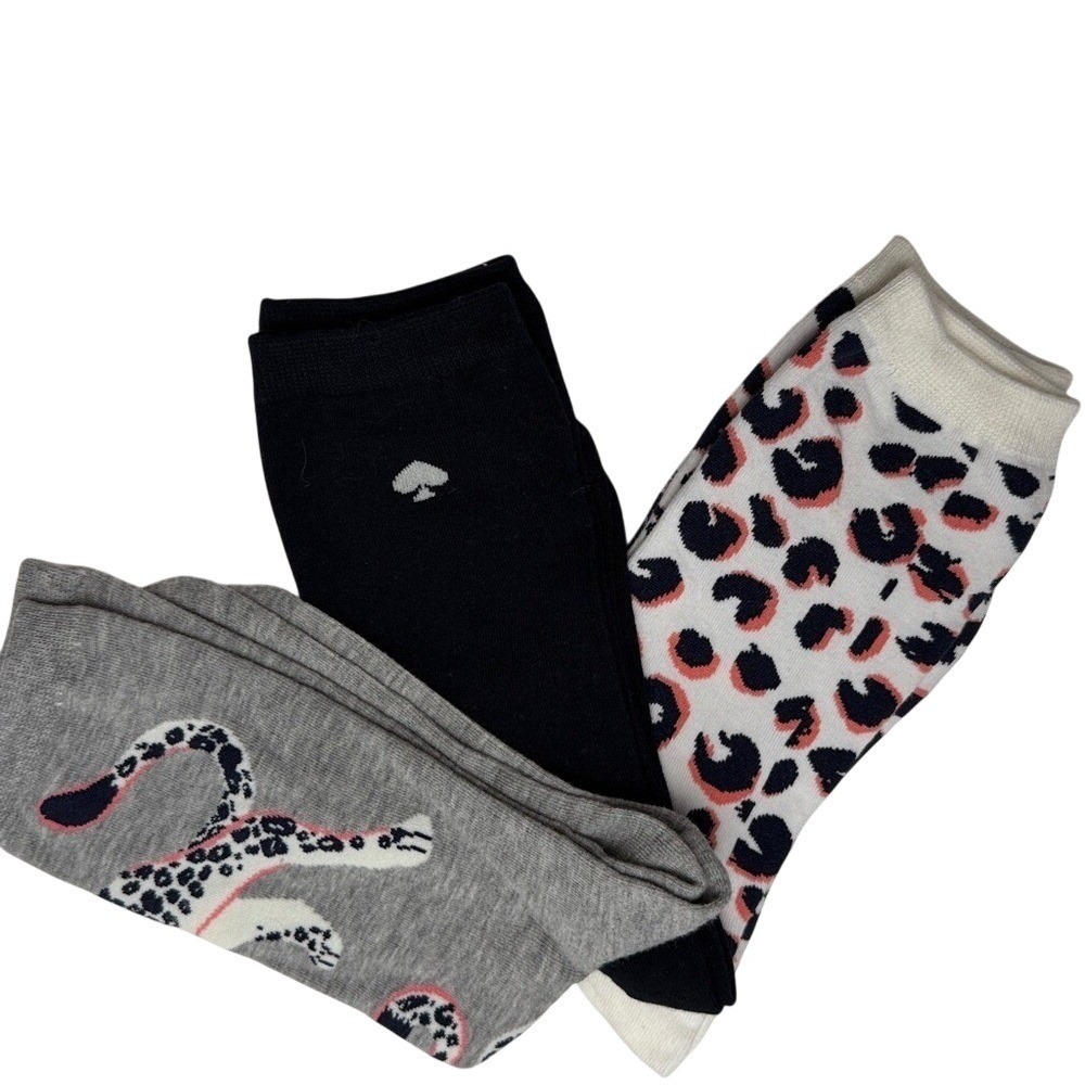 Kate Spade‎ New York Womens Crew Socks 3 Pair Pack Leopard Print Black Grey NWT